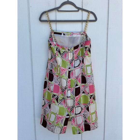 Milly Mini Silk Dress, Sheath Shift, Geometric Print,‎ Gold Metal Straps, Sz 10 - Picture 2 of 4